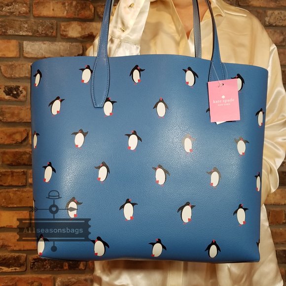 KATE SPADE ARCTIC FRIENDS PENGUIN LARGE REVERSIBLE TOTE W/WRISLET K4745 NWT $35 - Picture 3 of 9